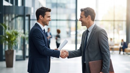 Fototapeta premium Two business partners shaking hands in a modern office lobby