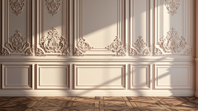 Elegant Classic White Wall with Ornate Molding and Wooden Floor