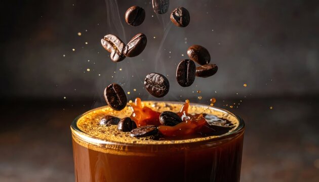 Dynamic shot of dark roasted coffee beans falling and splashing into a rich hot black coffee with crema and steam evoking freshness and energy.