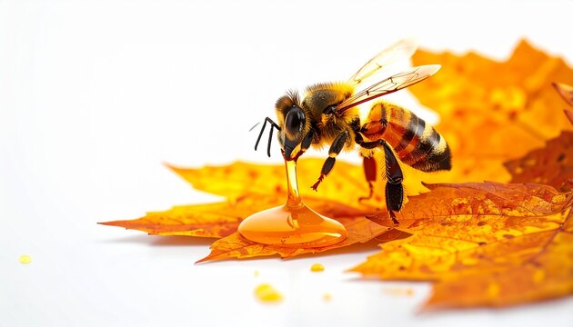 A bee is drinking honey from a honeycomb. The bee is yellow and black. The honeycomb is golden brown and has many cells.