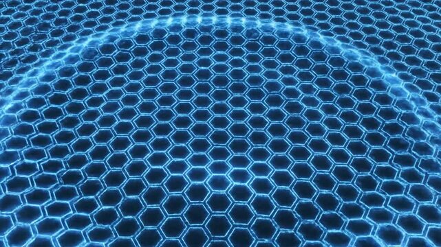 Hexagons form a blue glowing digital honeycomb pattern that creates a geometric surface with a slight curved ripple effect representing high tech connectivity and abstract data network grid.