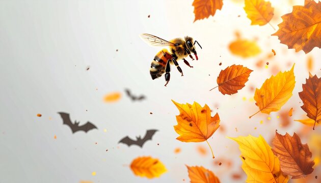 A bee flying among falling autumn leaves with small bat silhouettes in the background