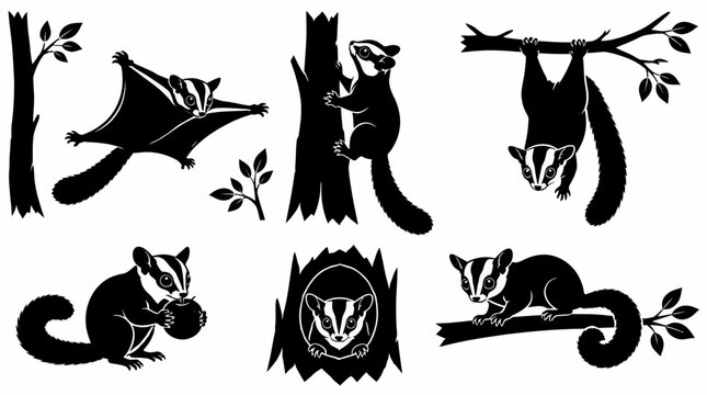 Sugar Glider Silhouettes Set in Various Poses
