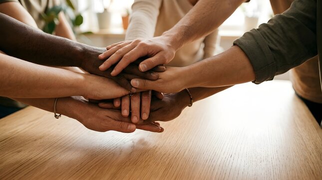 Diverse Gen-Z friends stacking hands together for an inclusive friendship day celebration at home.