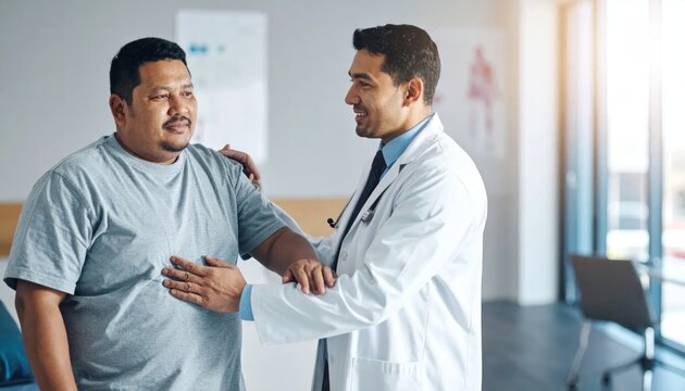 Empathetic male doctor in a white coat reassuring his patient in a grey t-shirt during a medical consultation at a bright clinic