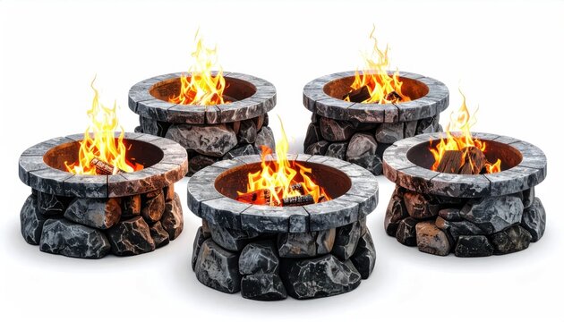 Five rustic stone fire pits with bright flickering flames and burning wood isolated on a clean white background in a detailed 3D render