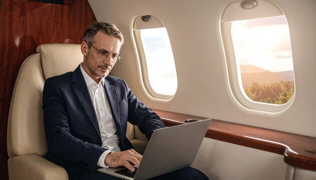 Focused businessman in glasses works on laptop during private jet flight enjoying sunlit mountain view from window