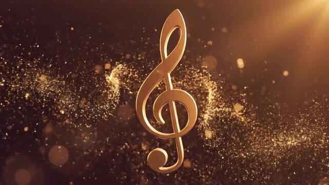 Treble clef made of polished gold sits in the center of a swirling cloud of sparkling dust particles that create a musical atmosphere perfect for elegant event invitations or artistic concert themes.