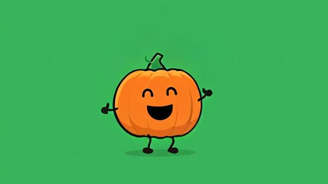 A 2D cartoon-style orange pumpkin video on a green background; the pumpkin has arms and legs, looks cheerful, and is hopping around energetically&mdash;perfect for Halloween and children. ( 4K )