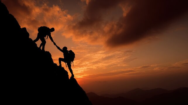 Hikers assisting each other on mountain