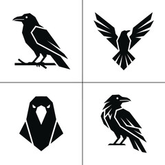 Obraz premium Set of Stylized Black Raven Silhouettes in Geometric Design