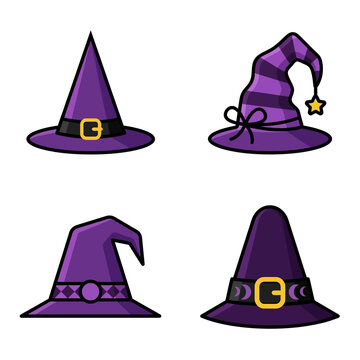 Collection of Four Purple Witch Hat Icons for Halloween