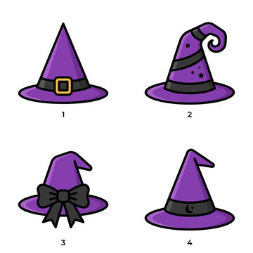 Set of four purple witch hats for Halloween illustration