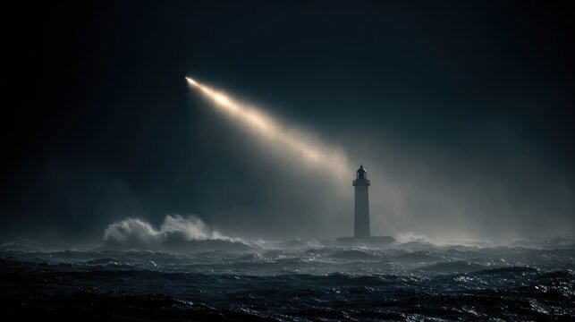 Lighthouse beam stormy sea night