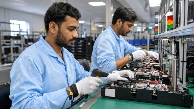 India semiconductor manufacturing factory assembly line industrial worker using tool at electronics workstation