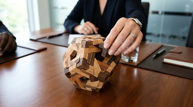 Professional Businesswoman Solving Complex Wooden Geometric Puzzle on Office Table Representing Strategy and Logic