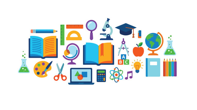 A vibrant collection of school and science-themed vector icons, including books, lab equipment, and art tools, set against a clean white background.