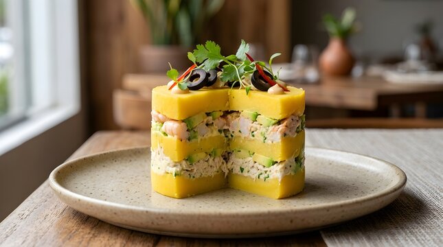 Causa Rellena layered yellow potato cake with shrimp, avocado, and chicken filling served on a plate in a restaurant