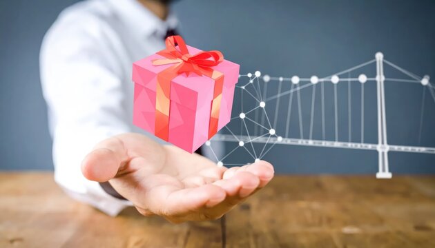 Businessman's hand presenting a digital pink gift box with an emerging technological wireframe bridge symbolizing innovation and connection