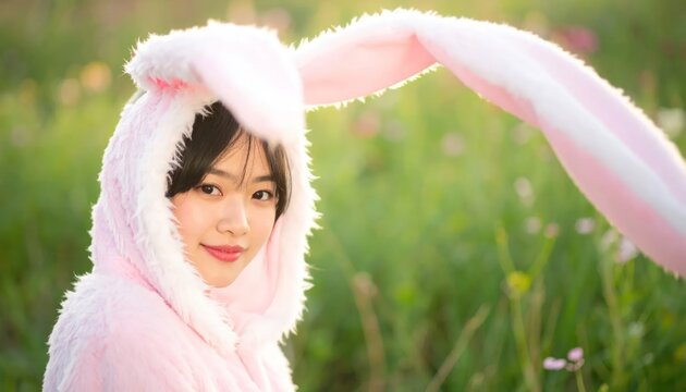 Charming young Asian woman in a soft pink bunny costume with fluffy hood smiles playfully in a sunlit green meadow with blurred wildflowers