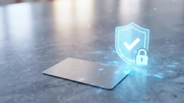 Digital identity security shield and lock on metal card with marble surface and gray background for secure access SEO title