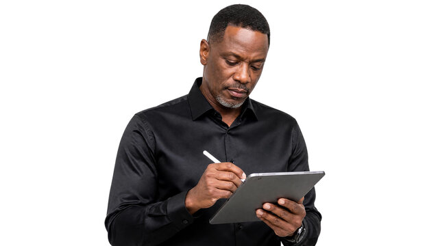 Professional Mature African American Man in Black Shirt Using Digital Tablet with Stylus Pen