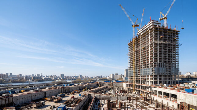 Modern high-rise building under construction with cranes. Urban skyscraper development in progress with structural framework and scaffolding.