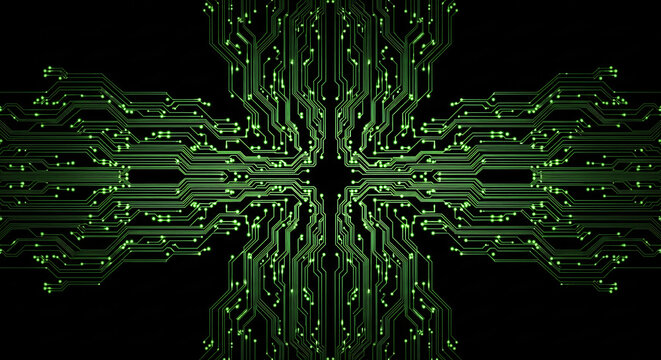 Green digital circuit board pattern on black background with copy space