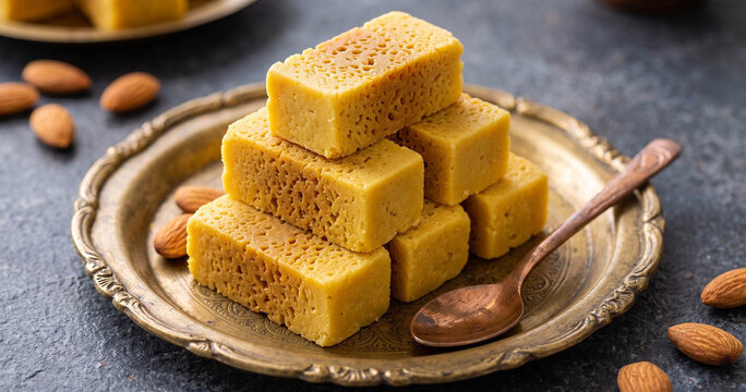 Stacked Mysore Pak Indian Sweets on Vintage Brass Plate with Almonds