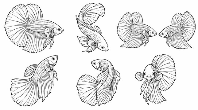 Siamese fighting fish line art illustrations set in various swimming poses, aquatic nature
