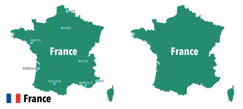 Ultra detailed French map vector set with city names and national flag