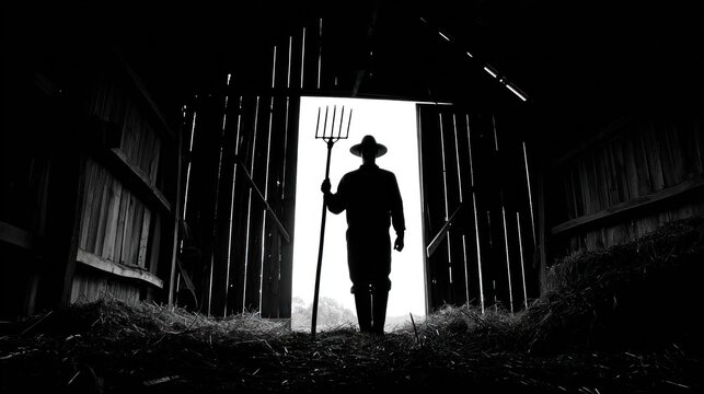 Farmer silhouette holding pitchfork in barn doorway