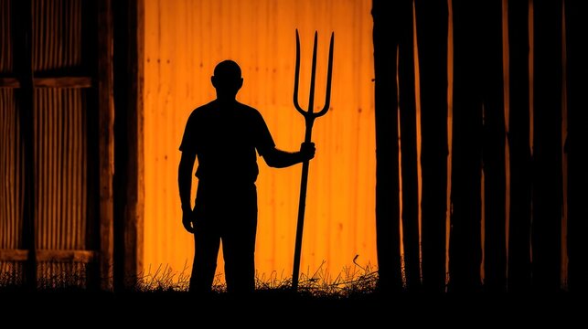 Farmer silhouette holding pitchfork at sunset