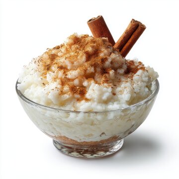 Latin American festival dessert of coconut rice pudding isolated on a white background