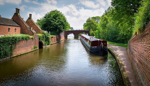 a narrowboat drifting slowly along a canal with brick bridges and green trees lining the waterway