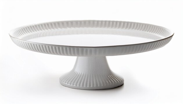 a white ceramic cake stand on an isolated white background