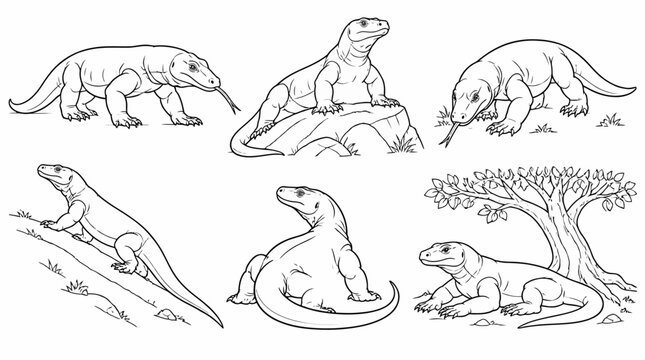 Komodo Dragon Set in Various Poses, Hand-Drawn Line Art Illustration
