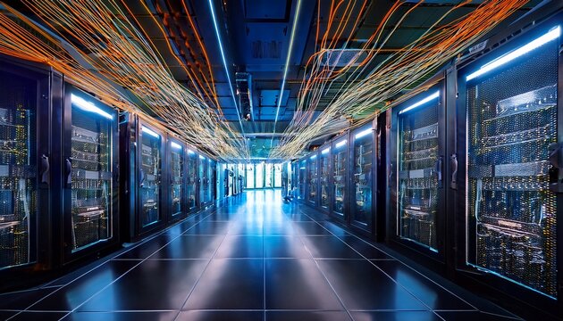cyberpunk inspired yet clean modern data center transparent server walls glowing fiber optic cables glossy black floor cinematic wide angle shot