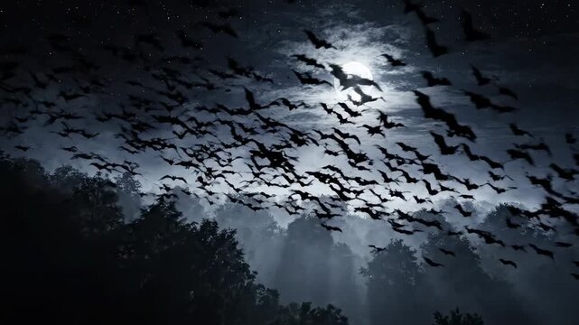 Bats flying through night sky over dark forest