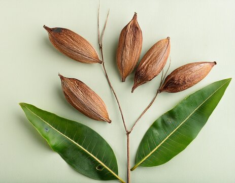 dried milkweed seed pods and green leaves flat lay