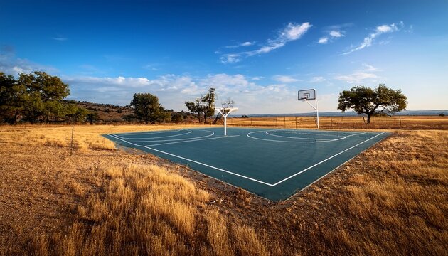 empty basketball court in field under blue sky with distant trees