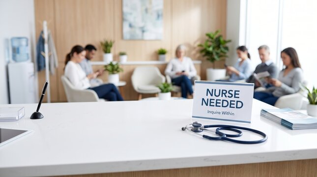 Nurse Needed sign and stethoscope on clinic reception desk