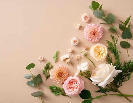 flat lay of delicate flowers and greenery on a soft beige background