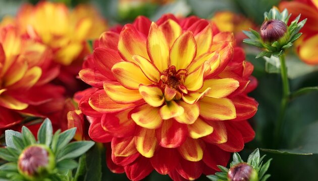 floral close up of blooming vibrant red and yellow flowers