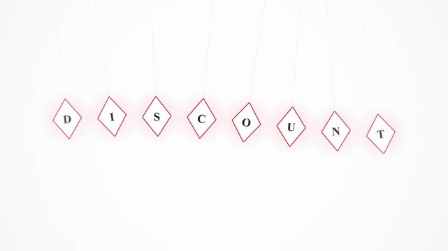 Diamond signs spelling DISCOUNT hanging on threads against white background