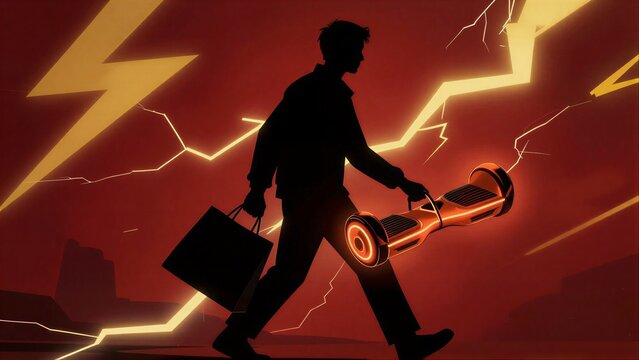 Silhouette walks with hoverboard and bag, lightning strikes red sky.