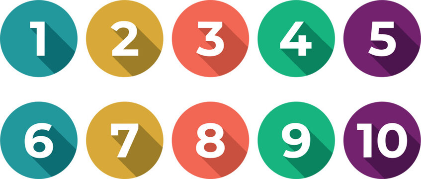 Vector set of colorful flat number icons from one to ten in circle frames with long shadow design