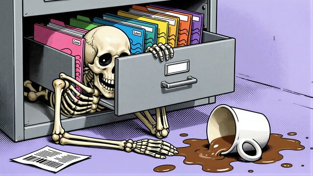 Skeleton hides in filing cabinet, coffee spills nearbyoffice chaos with a spooky twist.