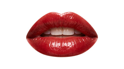 Fototapeta premium Close up glossy red lipstick lips with slight smile.
