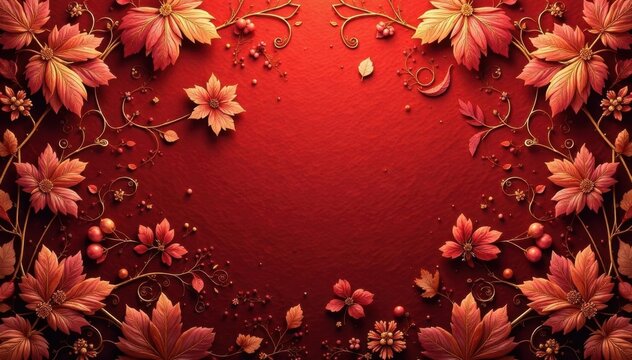 Intricate red and gold Khokhloma leaf and berry vector pattern , curls, folk, golden